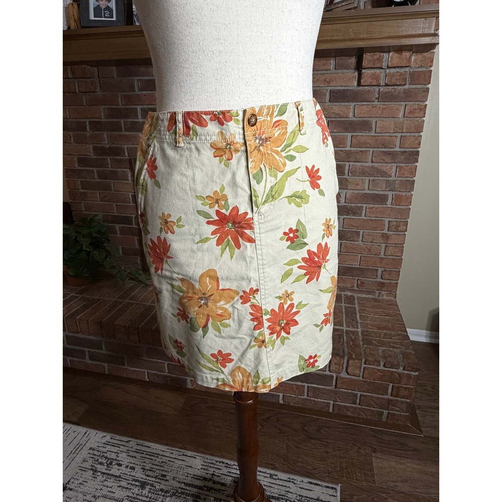 Eddie Bauer Floral Straight Skirt Women Beige Orange Vintage Stretch Size 10